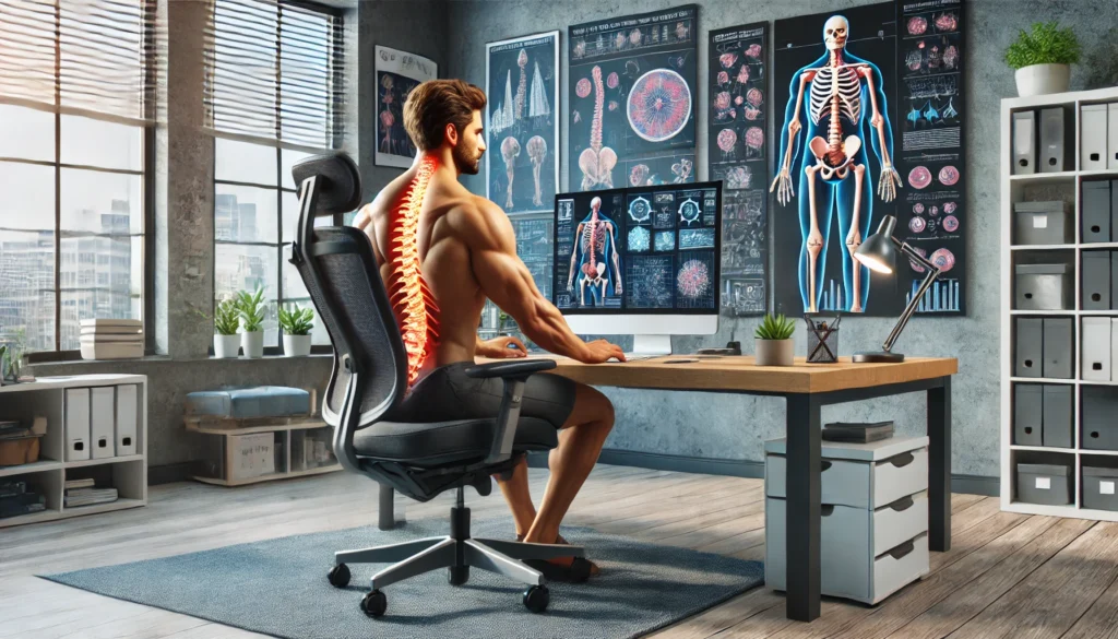 Das Bild zeigt eine moderne Büroumgebung mit einem ergonomischen Bürostuhl und einem großen Schreibtisch. Ein muskulöser Mann sitzt auf dem ergonomischen Stuhl und arbeitet konzentriert an einem Computer. Der Bildschirm des Computers zeigt detaillierte medizinische Darstellungen der menschlichen Wirbelsäule und des Skelettsystems, wobei die Wirbelsäule rot leuchtet, um hervorzuheben.

Der Raum ist hell und gut beleuchtet, mit großen Fenstern, durch die reichlich Tageslicht einfällt. An den Wänden hängen verschiedene medizinische Diagramme und Abbildungen, die den klinischen Charakter des Raumes unterstreichen. Im Büro sind zudem einige Pflanzen und diverse Büromaterialien zu sehen, die dem Raum ein lebendiges und zugleich professionelles Ambiente verleihen.

Die dominierenden Farben im Bild sind Blau- und Grautöne, die eine kühle, klinische Atmosphäre schaffen und die professionelle Umgebung betonen. Insgesamt vermittelt das Bild eine Kombination aus moderner Bürogestaltung und medizinischer Präzision.