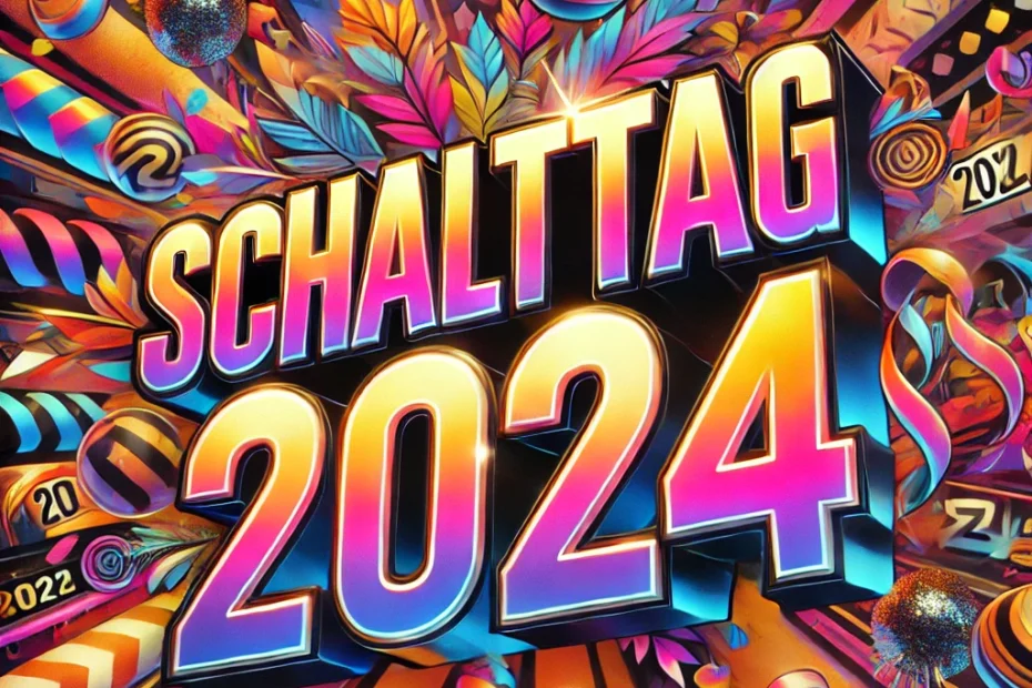 Das Bild zeigt den Schriftzug "Schalttag 2024" in großen, stilvollen Buchstaben. Der Text ist in einem metallischen oder neonartigen Glanz gestaltet, wodurch er sich deutlich vom Hintergrund abhebt. Der Hintergrund selbst ist lebhaft und festlich, gefüllt mit bunten Konfetti, Luftschlangen und anderen Feiermotiven. Die Farbkombination ist dynamisch und ansprechend, wodurch eine Atmosphäre von Aufregung und Feierlichkeit entsteht, die die besondere Bedeutung des Schalttages im Jahr 2024 hervorhebt.