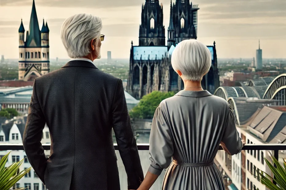 Hier ist ein Bild von Renate Liesmann-Baum und Gerhart Baum, wie sie von hinten auf einer Terrasse stehen und den Blick auf den Kölner Dom genießen. Das Paar hält sich an den Händen, was ihre enge Verbindung und ihre gemeinsame Reise durch das Leben symbolisiert. Die friedliche und reflektierende Atmosphäre fängt die Essenz ihrer langjährigen Partnerschaft und ihres Engagements für Kultur und Gerechtigkeit ein.