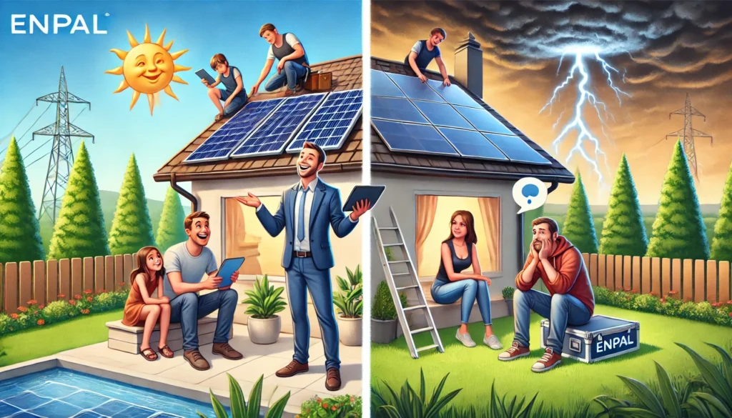 Das Bild zeigt eine geteilte Szene: Auf der linken Seite ist eine glückliche Familie zu sehen, die mit einem Enpal-Vertreter in ihrem Garten über die Installation von Solarmodulen spricht. Die Installation verläuft professionell und effizient. Auf der rechten Seite sieht dieselbe Familie frustriert und unzufrieden aus, da die Installation nicht gut läuft und die Kommunikation mit dem Enpal-Vertreter schlecht ist. Diese Gegenüberstellung verdeutlicht die Übertreibung des Begriffs 