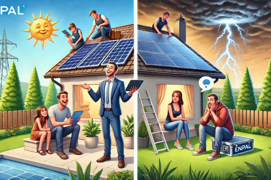 Das Bild zeigt eine geteilte Szene: Auf der linken Seite ist eine glückliche Familie zu sehen, die mit einem Enpal-Vertreter in ihrem Garten über die Installation von Solarmodulen spricht. Die Installation verläuft professionell und effizient. Auf der rechten Seite sieht dieselbe Familie frustriert und unzufrieden aus, da die Installation nicht gut läuft und die Kommunikation mit dem Enpal-Vertreter schlecht ist. Diese Gegenüberstellung verdeutlicht die Übertreibung des Begriffs