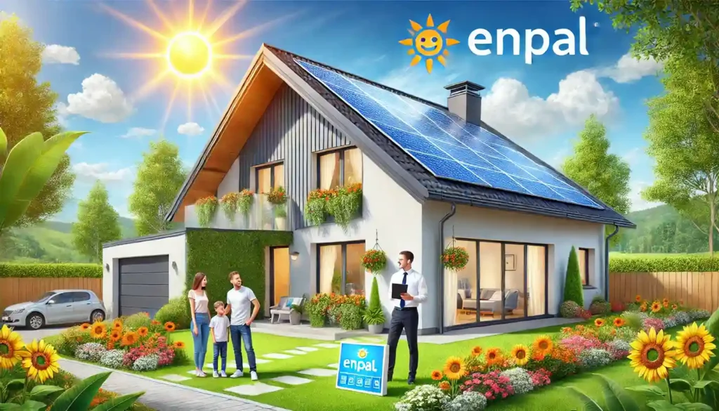 Das Bild zeigt ein modernes Haus mit einer neu installierten Solaranlage auf dem Dach, an einem sonnigen Tag mit klarem blauen Himmel. Der Garten des Hauses ist gut gepflegt, mit bunten Blumen und einem grünen Rasen. Ein Techniker steht nahe dem Haus, hält ein Tablet und inspiziert die Solaranlagen, während eine Familie glücklich zusieht. Diese lebendige Szene verdeutlicht die Vorteile der Nutzung von Solarenergie und repräsentiert positive Enpal Erfahrungen. Sie hebt die Zufriedenheit und die einfache Umstellung auf Solarenergie mit Enpal hervor.