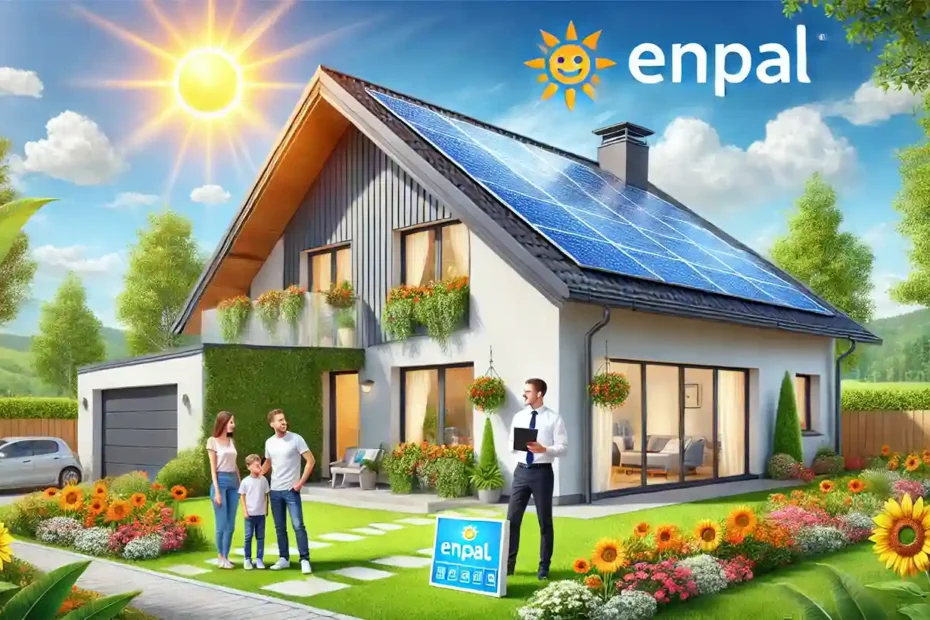 Das Bild zeigt ein modernes Haus mit einer neu installierten Solaranlage auf dem Dach, an einem sonnigen Tag mit klarem blauen Himmel. Der Garten des Hauses ist gut gepflegt, mit bunten Blumen und einem grünen Rasen. Ein Techniker steht nahe dem Haus, hält ein Tablet und inspiziert die Solaranlagen, während eine Familie glücklich zusieht. Diese lebendige Szene verdeutlicht die Vorteile der Nutzung von Solarenergie und repräsentiert positive Enpal Erfahrungen. Sie hebt die Zufriedenheit und die einfache Umstellung auf Solarenergie mit Enpal hervor.