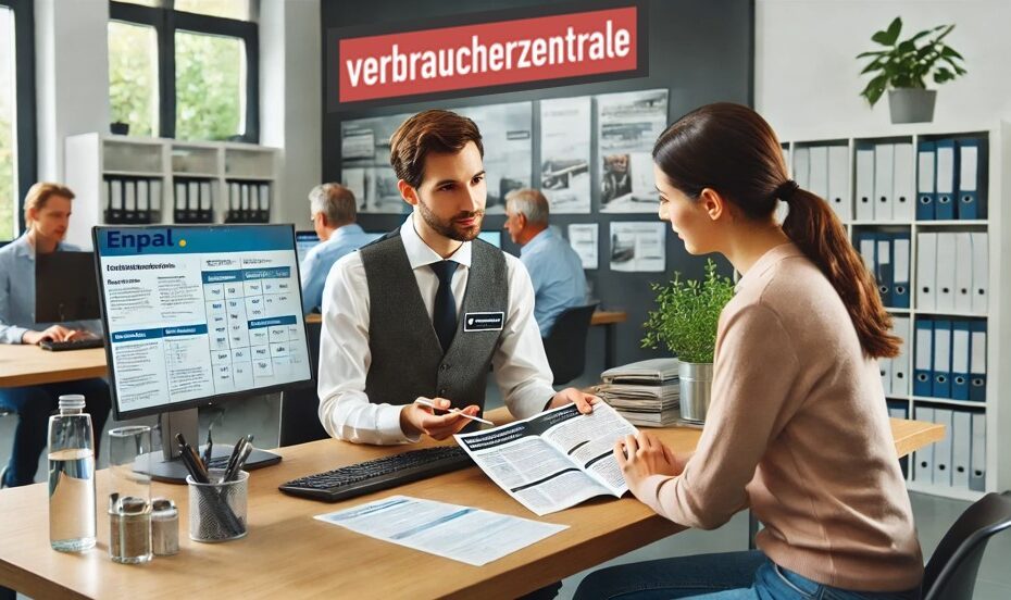 Das Bild zeigt eine Beratungsszene in einem modernen Büro: Enpal Verbraucherzentrale. Ein Vertreter der Verbraucherzentrale und Enpal sitzt mit einer Kundin an einem Schreibtisch und erklärt ihr Details aus einer Broschüre. Auf dem Schreibtisch befinden sich ein Computerbildschirm, auf dem Informationen von Enpal angezeigt werden, sowie verschiedene Büromaterialien und Dokumente. Im Hintergrund sind weitere Mitarbeiter zu sehen, die an ihren Schreibtischen arbeiten. An der Wand hinter dem Berater ist das Logo der Verbraucherzentrale prominent platziert. Die Szene vermittelt Vertrauen und Professionalität, und die Logos von Enpal und der Verbraucherzentrale signalisieren Glaubwürdigkeit und Qualität der Beratung.