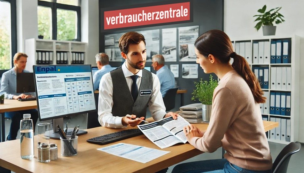 Das Bild zeigt eine Beratungsszene in einem modernen Büro: Enpal Verbraucherzentrale. Ein Vertreter der Verbraucherzentrale und Enpal sitzt mit einer Kundin an einem Schreibtisch und erklärt ihr Details aus einer Broschüre. Auf dem Schreibtisch befinden sich ein Computerbildschirm, auf dem Informationen von Enpal angezeigt werden, sowie verschiedene Büromaterialien und Dokumente. Im Hintergrund sind weitere Mitarbeiter zu sehen, die an ihren Schreibtischen arbeiten. An der Wand hinter dem Berater ist das Logo der Verbraucherzentrale prominent platziert. Die Szene vermittelt Vertrauen und Professionalität, und die Logos von Enpal und der Verbraucherzentrale signalisieren Glaubwürdigkeit und Qualität der Beratung.