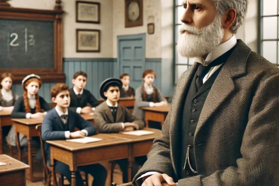Das Bild zeigt Ferdinand Berthier, einen älteren Mann aus dem 19. Jahrhundert, der in einem Klassenzimmer unterrichtet. Er trägt einen dunklen Anzug mit Weste und Krawatte, passend zur Mode des 19. Jahrhunderts. Sein Haar und Bart sind grau. Das Klassenzimmer ist typisch für das 19. Jahrhundert gestaltet. Es gibt Holzbänke und -tische, an denen die Schüler sitzen. Die Schüler tragen ebenfalls zeitgenössische Kleidung, einschließlich Jacken und Mützen für die Jungen und Kleider für die Mädchen. An der Wand hinter Berthier hängt eine große Tafel, auf der in weißer Kreide geschrieben steht. Das Zimmer hat große Fenster, die viel natürliches Licht hereinlassen, und die Wände sind schlicht gehalten. Es gibt auch eine Uhr und einige gerahmte Bilder an den Wänden, die zur schlichten, aber funktionalen Einrichtung beitragen. Berthier steht vorne im Raum, vor einem Pult, und scheint inmitten einer Erklärung oder eines Unterrichts zu sein, während die Schüler aufmerksam zuhören. Die Atmosphäre im Raum ist ernst und konzentriert, was die Bedeutung der Bildung und des Lernens in dieser Zeit widerspiegelt.