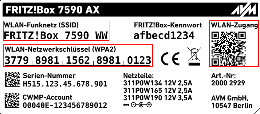 Das Bild zeigt ein Typenschild der FRITZ!Box 7590 AX. Auf dem Typenschild sind wichtige Informationen zur Einrichtung der WLAN-Verbindung und zum Login in die FRITZ!Box-Benutzeroberfläche aufgedruckt.

Wichtige Informationen auf dem Typenschild
WLAN-Funknetz (SSID): FRITZ!Box 7590 WW
WLAN-Netzwerkschlüssel (WPA2): 3779 8981 1562 8981 0123
FRITZ!Box-Kennwort: afbecd1234
WLAN-Zugang QR-Code: Ein QR-Code, der gescannt werden kann, um die WLAN-Einstellungen automatisch zu übernehmen.
Serien-Nummer, Netzteile, CWMP-Account, Art.-Nr., Herstelleradresse: Weitere technische Details und Kontaktinformationen.