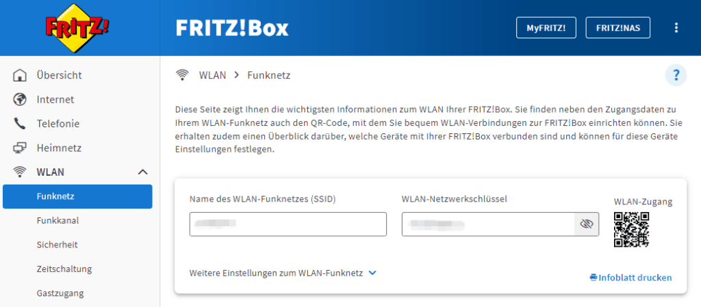 Das Bild zeigt die Benutzeroberfläche der FRITZ!Box im Abschnitt "WLAN > Funknetz". Diese Seite bietet wichtige Informationen über das WLAN-Netzwerk Ihrer FRITZ!Box. Hier können Sie den Namen des WLAN-Funknetzes (SSID), den WLAN-Netzwerkschlüssel und einen QR-Code für den WLAN-Zugang finden.

Bildbeschreibung
Seitenüberschrift: "FRITZ!Box"
Menü auf der linken Seite: Die Navigation umfasst verschiedene Optionen wie Übersicht, Internet, Telefonie, Heimnetz und WLAN.
Untermenü: Im Bereich WLAN ist der Unterpunkt "Funknetz" ausgewählt.
Informationen und Eingabefelder:
Name des WLAN-Funknetzes (SSID): Ein Feld, in dem der aktuelle Name des WLAN-Netzwerks angezeigt wird.
WLAN-Netzwerkschlüssel: Ein Feld, das den aktuellen Netzwerkschlüssel (Passwort) anzeigt.
WLAN-Zugang: Ein QR-Code, den Sie mit Ihrem Smartphone scannen können, um eine schnelle und sichere WLAN-Verbindung herzustellen.