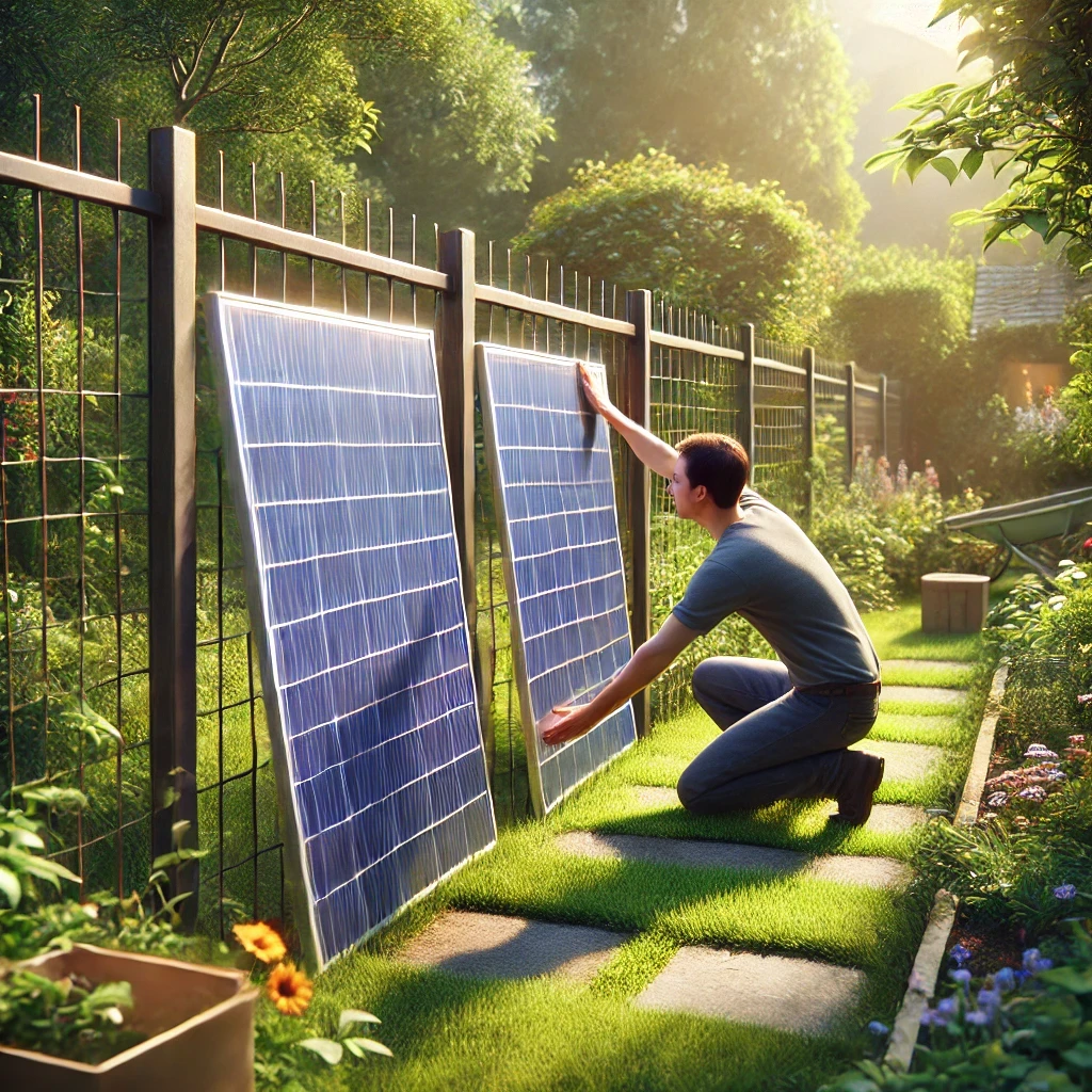 Das Bild zeigt eine realistische Szene in einem gepflegten Garten, in dem ein Mann zwei Solarpaneele eines Balkonkraftwerkes an einen Metallzaun lehnt. Der Garten ist üppig und grün, mit gut geschnittenem Gras und einer Vielzahl von Blumen und Pflanzen im Hintergrund, die eine harmonische und ruhige Atmosphäre schaffen. Der Mann kniet auf einem gepflasterten Weg und richtet die Solarpaneele sorgfältig aus, sodass sie sicher am Zaun anliegen. Die Beleuchtung ist natürlich und weich, mit Sonnenlicht, das durch die Blätter der umliegenden Bäume fällt und sanfte Schatten wirft, wodurch die Szene lebendig und fotorealistisch wirkt. Die Details der Hand und des Gesichts des Mannes sind besonders gut ausgearbeitet und tragen zur realistischen Darstellung bei.