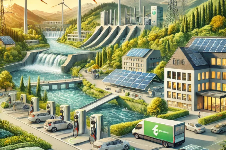 Das Bild zum Thema "Energie Baden Württemberg" zeigt eindrucksvoll, wie die Region die Herausforderungen der Energiewende meistert. Im Vordergrund stehen moderne Stadtgebäude mit integrierten Solarpanels, die die zunehmende Nutzung erneuerbarer Energien in urbanen Gebieten von Baden-Württemberg verdeutlichen. Elektroautos, die an Ladestationen angeschlossen sind, symbolisieren die fortschrittliche und nachhaltige Mobilität, die in der Region gefördert wird. Im Hintergrund erstrecken sich die typischen Landschaften von Baden-Württemberg, durchsetzt mit Windturbinen und einem Wasserkraftwerk, die beide wichtige Elemente der Energie Baden-Württemberg repräsentieren. Die Stromleitungen, die sich durch das Bild ziehen, unterstreichen die Bedeutung einer gut ausgebauten Infrastruktur für die Energieverteilung in der Region. Die Farbgebung des Bildes, dominiert von grünen und blauen Tönen, spiegelt die Vision einer nachhaltigen, sauberen und innovativen Energiezukunft in Baden-Württemberg wider.
