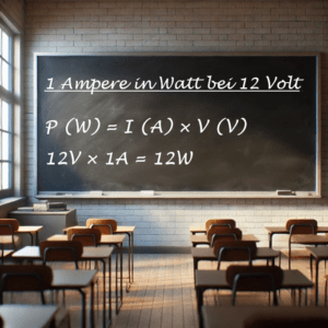 Das Bild zeigt einen Klassenraum mit einer Tafel, auf der eine physikalische Formel in sauberer Handschrift mit Kreide geschrieben steht. Über der Formel steht der Titel „1 Ampere in Watt bei 12 Volt“. Darunter ist die Formel für elektrische Leistung zu sehen: P (W) = I (A) × V (V) Dann folgt die Berechnung: 12V × 1A = 12W Im Vordergrund des Bildes befinden sich Schülerbänke und Stühle, und das weiche, natürliche Licht strömt durch große Fenster von links in den Raum. Die Atmosphäre wirkt ruhig und lernfreundlich. Die Tafel hat eine leicht sichtbare Kreidetextur, und die Schrift ist gut lesbar.