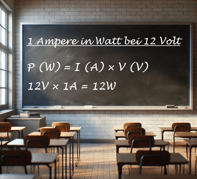 Das Bild zeigt einen Klassenraum mit einer Tafel, auf der eine physikalische Formel in sauberer Handschrift mit Kreide geschrieben steht. Über der Formel steht der Titel „1 Ampere in Watt bei 12 Volt“. Darunter ist die Formel für elektrische Leistung zu sehen: P (W) = I (A) × V (V) Dann folgt die Berechnung: 12V × 1A = 12W Im Vordergrund des Bildes befinden sich Schülerbänke und Stühle, und das weiche, natürliche Licht strömt durch große Fenster von links in den Raum. Die Atmosphäre wirkt ruhig und lernfreundlich. Die Tafel hat eine leicht sichtbare Kreidetextur, und die Schrift ist gut lesbar.