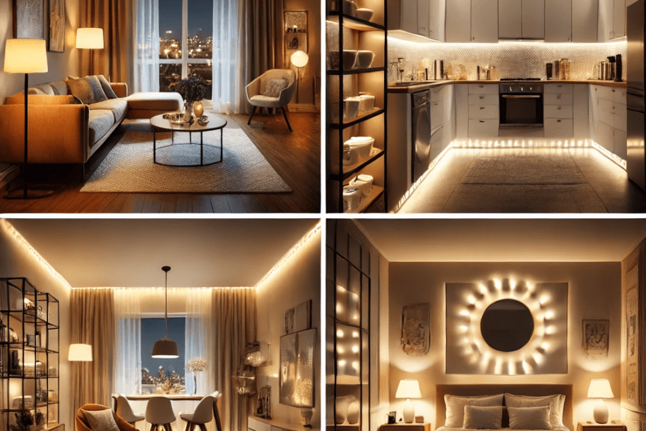 Verschiedene Zimmer mit passender LED-Beleuchtung: gemütliches warmweißes Licht im Wohnzimmer, helles neutralweißes Licht in der Küche, tageslichtweißes Licht im Badezimmer und weiches, warmweißes Licht im Schlafzimmer.