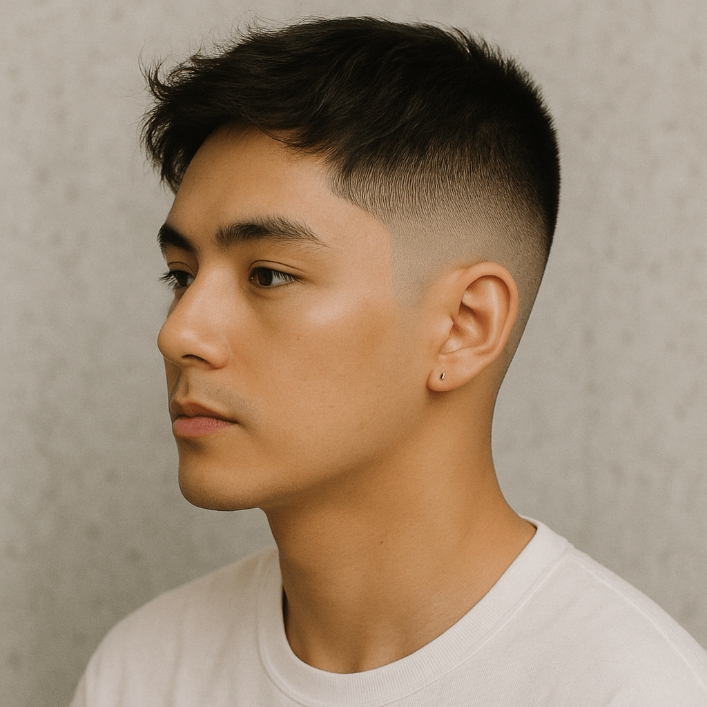 Low Taper Fade Frisur, kurzes Haar mit Seiten auf 0 mm.