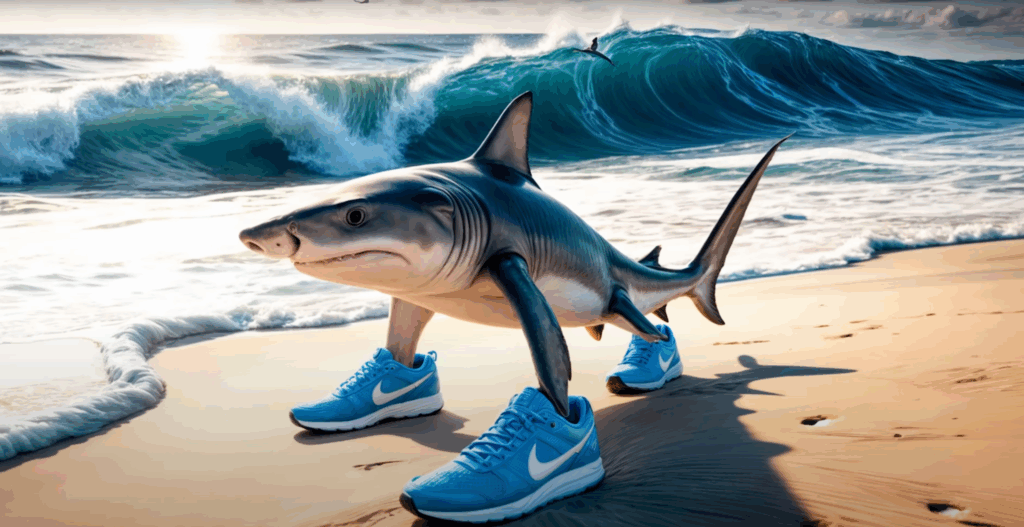 Ein humorvoll inszeniertes Bild zeigt den Hai Tralalero Tralala beim Spaziergang am Strand – mit blauen Nike-Sneakern an den Flossen, vor einer beeindruckenden Wellenkulisse im Sonnenlicht. Surreal, witzig und detailreich.