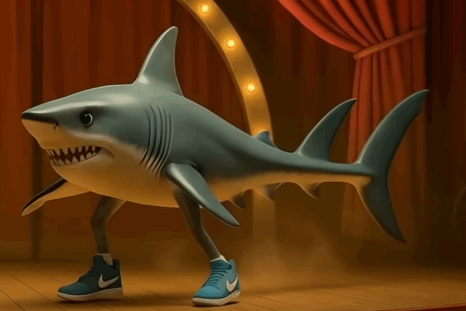 Das Bild zeigt einen anthropomorphen Hai namens Tralalero Tralala, der auf einer Theaterbühne steht. Er trägt leuchtend blaue Nike-Sneaker mit weißen Akzenten und wirkt dynamisch und energiegeladen. Die Szene spielt sich in einem klassisch gestalteten Varieté- oder Zirkusambiente ab: rote Vorhänge, eine Bühne mit Holzbohlen und ein beleuchteter Rundbogen im Hintergrund verstärken die Show-Atmosphäre. Das Publikum ist im Vordergrund nur als Schatten erkennbar, was den Fokus ganz auf den charismatischen Bühnenstar Tralalero Tralala lenkt.