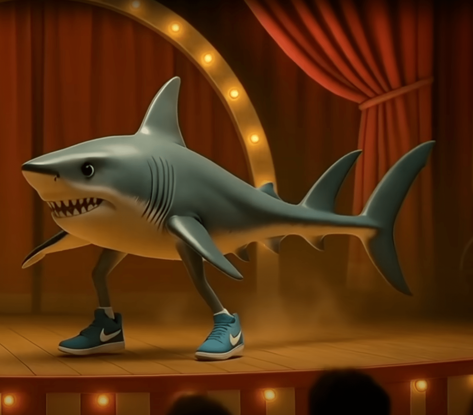Das Bild zeigt einen anthropomorphen Hai namens Tralalero Tralala, der auf einer Theaterbühne steht. Er trägt leuchtend blaue Nike-Sneaker mit weißen Akzenten und wirkt dynamisch und energiegeladen. Die Szene spielt sich in einem klassisch gestalteten Varieté- oder Zirkusambiente ab: rote Vorhänge, eine Bühne mit Holzbohlen und ein beleuchteter Rundbogen im Hintergrund verstärken die Show-Atmosphäre. Das Publikum ist im Vordergrund nur als Schatten erkennbar, was den Fokus ganz auf den charismatischen Bühnenstar Tralalero Tralala lenkt.