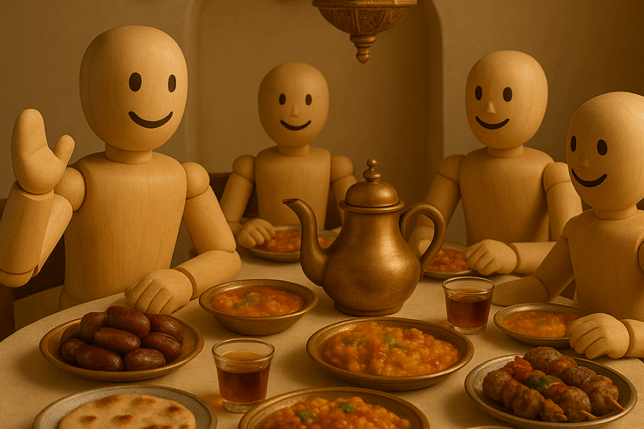 Vier fröhliche Holzfiguren sitzen an einem festlich gedeckten Tisch und feiern gemeinsam ein arabisches Fest. Auf dem Tisch stehen traditionelle Speisen wie Datteln, Fladenbrot, Eintopf und Tee. Eine orientalische Hängelaterne beleuchtet die Szene warm. Im oberen Bildbereich steht in weißer Schrift: „Tung tung tung sahur“