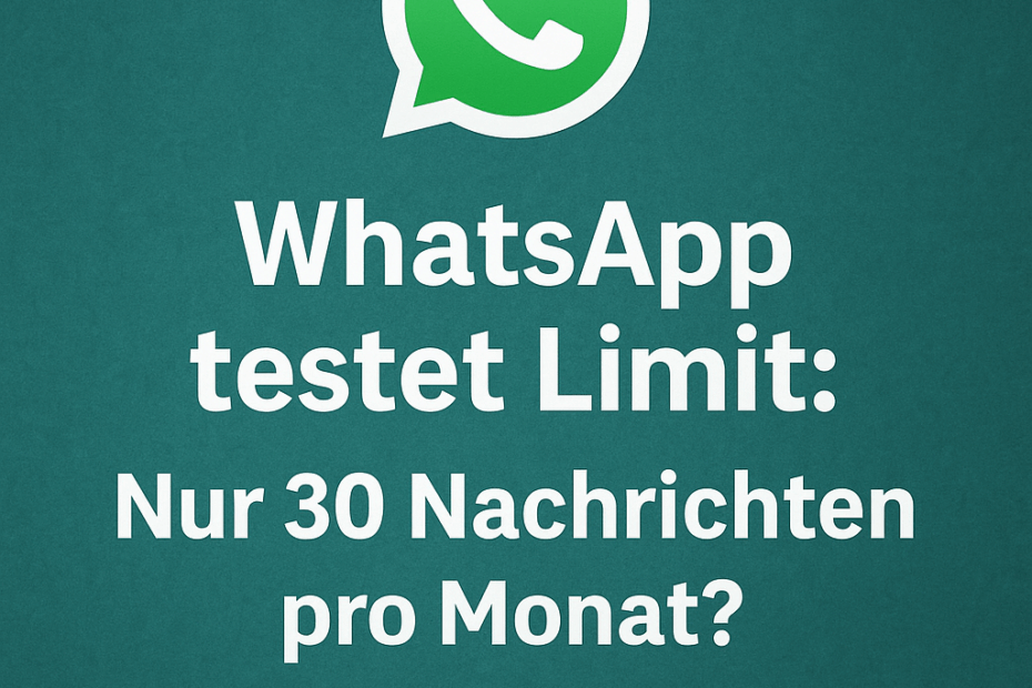 Das Bild zeigt ein schlichtes, modernes Design mit dem WhatsApp-Logo in der Mitte auf einem strukturierten, grünen Hintergrund. Darunter steht in klarer weißer Schrift der Text: „WhatsApp testet Limit: Nur 30 Nachrichten pro Monat?“ Das Motiv greift die aktuelle Diskussion rund um das mögliche Limit whatsapp 30 nachrichten pro monat auf und vermittelt auf einen Blick, dass WhatsApp derzeit eine Beschränkung der Nachrichtenanzahl testet. Das Design wirkt seriös, aufgeräumt und eignet sich ideal als Beitragsbild für einen Technik- oder Newsartikel zu diesem Thema.