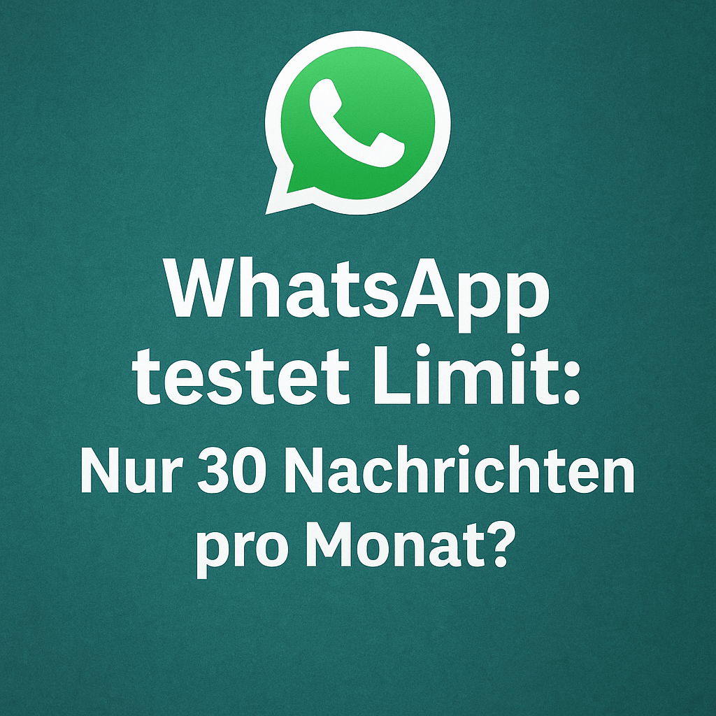 Das Bild zeigt ein schlichtes, modernes Design mit dem WhatsApp-Logo in der Mitte auf einem strukturierten, grünen Hintergrund. Darunter steht in klarer weißer Schrift der Text: „WhatsApp testet Limit: Nur 30 Nachrichten pro Monat?“ Das Motiv greift die aktuelle Diskussion rund um das mögliche Limit whatsapp 30 nachrichten pro monat auf und vermittelt auf einen Blick, dass WhatsApp derzeit eine Beschränkung der Nachrichtenanzahl testet. Das Design wirkt seriös, aufgeräumt und eignet sich ideal als Beitragsbild für einen Technik- oder Newsartikel zu diesem Thema.